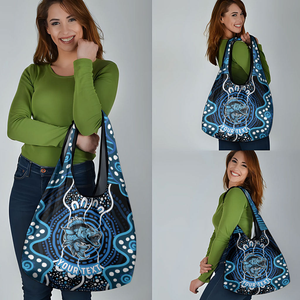 Custom Barramundi Fishing Grocery Bag Indigenous Aboriginal Dot Art Blue Fish