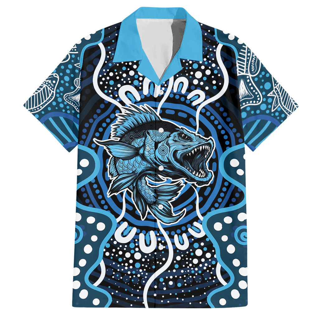 Custom Barramundi Fishing Hawaiian Shirt Indigenous Aboriginal Dot Art Blue Fish