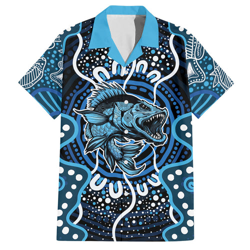 Custom Barramundi Fishing Hawaiian Shirt Indigenous Aboriginal Dot Art Blue Fish