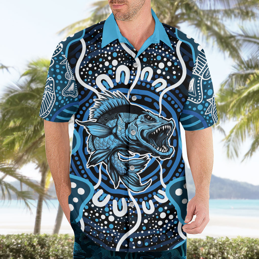Custom Barramundi Fishing Hawaiian Shirt Indigenous Aboriginal Dot Art Blue Fish