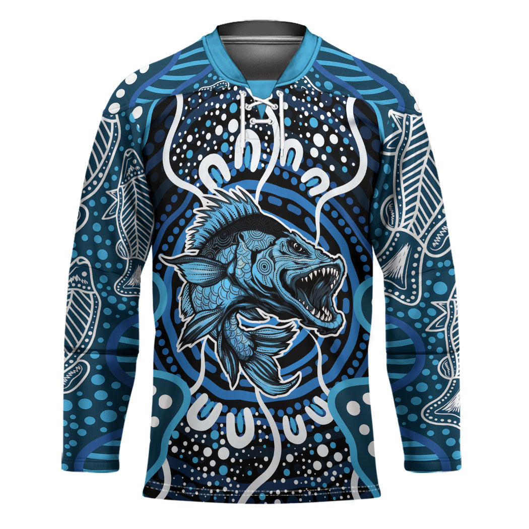 Custom Barramundi Fishing Hockey Jersey Indigenous Aboriginal Dot Art Blue Fish