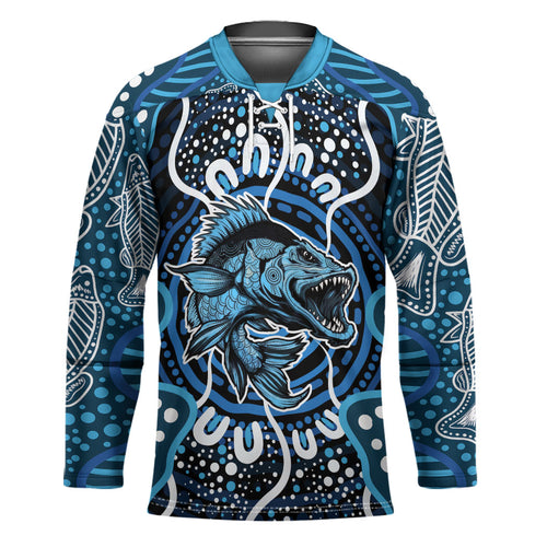 Custom Barramundi Fishing Hockey Jersey Indigenous Aboriginal Dot Art Blue Fish