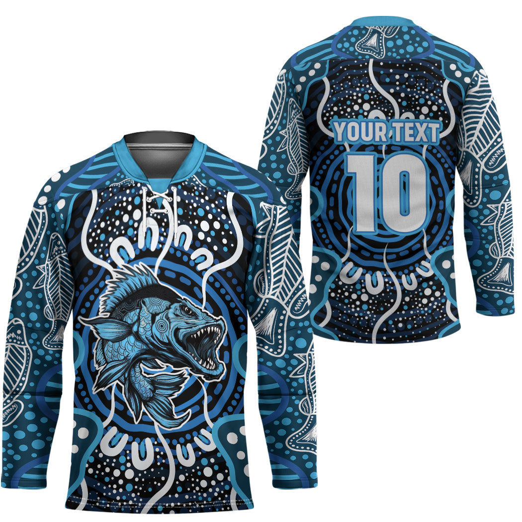 Custom Barramundi Fishing Hockey Jersey Indigenous Aboriginal Dot Art Blue Fish