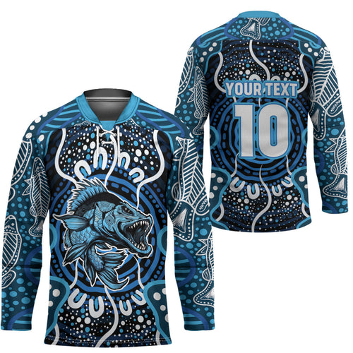 Custom Barramundi Fishing Hockey Jersey Indigenous Aboriginal Dot Art Blue Fish