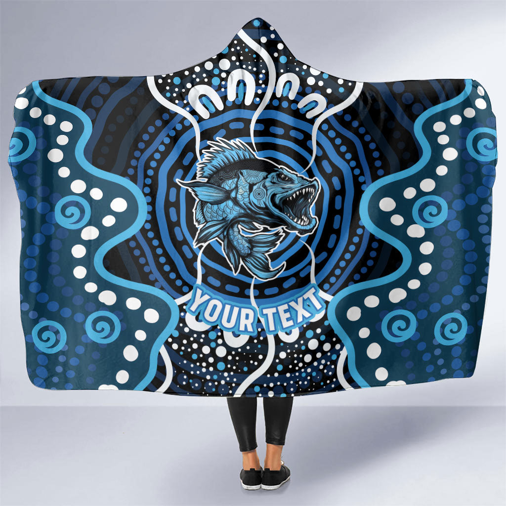 Custom Barramundi Fishing Hooded Blanket Indigenous Aboriginal Dot Art Blue Fish