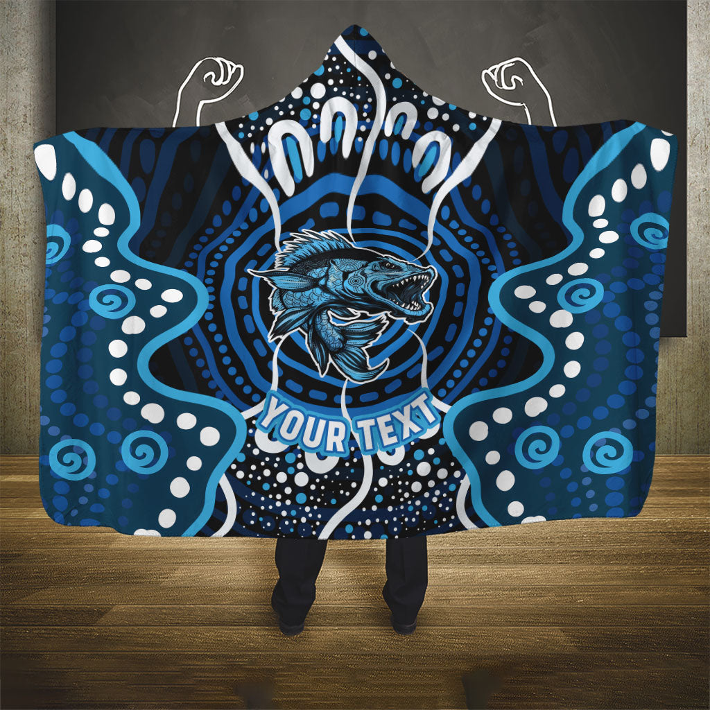Custom Barramundi Fishing Hooded Blanket Indigenous Aboriginal Dot Art Blue Fish
