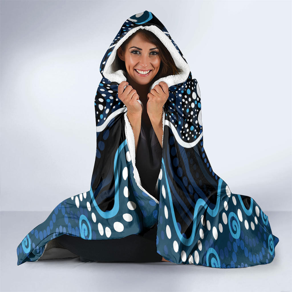 Custom Barramundi Fishing Hooded Blanket Indigenous Aboriginal Dot Art Blue Fish
