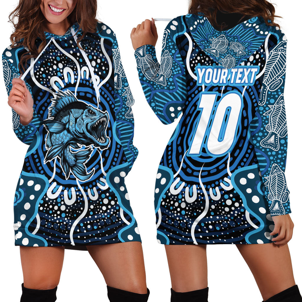 Custom Barramundi Fishing Hoodie Dress Indigenous Aboriginal Dot Art Blue Fish