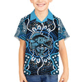 Custom Barramundi Fishing Kid Hawaiian Shirt Indigenous Aboriginal Dot Art Blue Fish