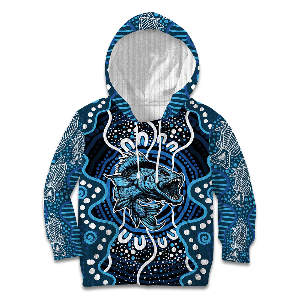 Custom Barramundi Fishing Kid Hoodie Indigenous Aboriginal Dot Art Blue Fish