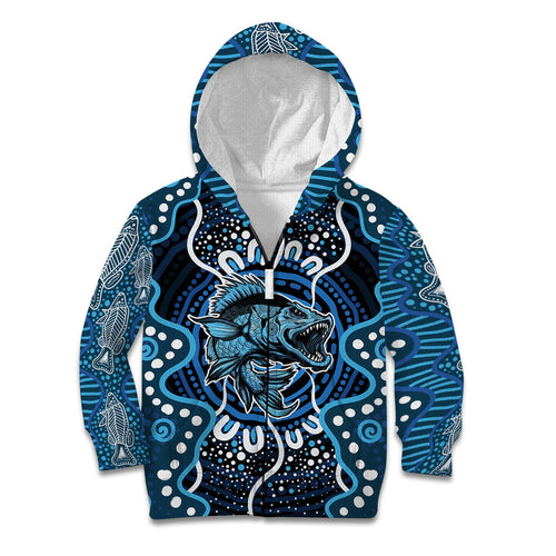 Custom Barramundi Fishing Kid Hoodie Indigenous Aboriginal Dot Art Blue Fish