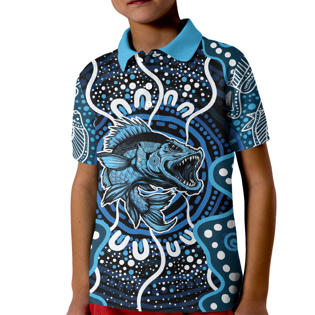 Custom Barramundi Fishing Kid Polo Shirt Indigenous Aboriginal Dot Art Blue Fish