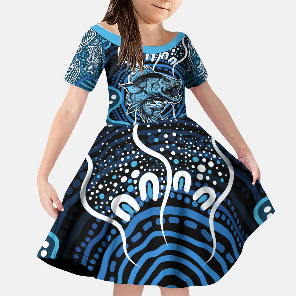 Custom Barramundi Fishing Kid Short Sleeve Dress Indigenous Aboriginal Dot Art Blue Fish