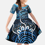 Custom Barramundi Fishing Kid Short Sleeve Dress Indigenous Aboriginal Dot Art Blue Fish