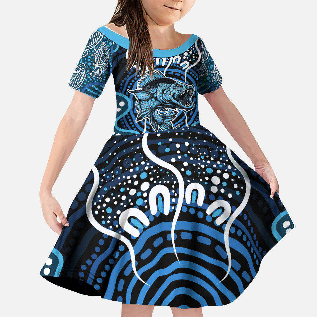 Custom Barramundi Fishing Kid Short Sleeve Dress Indigenous Aboriginal Dot Art Blue Fish