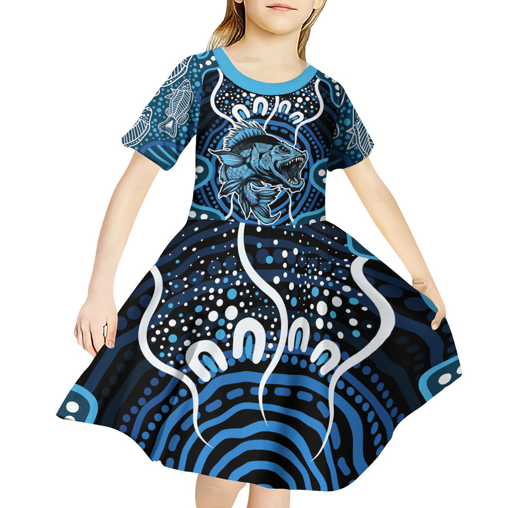 Custom Barramundi Fishing Kid Short Sleeve Dress Indigenous Aboriginal Dot Art Blue Fish