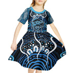 Custom Barramundi Fishing Kid Short Sleeve Dress Indigenous Aboriginal Dot Art Blue Fish