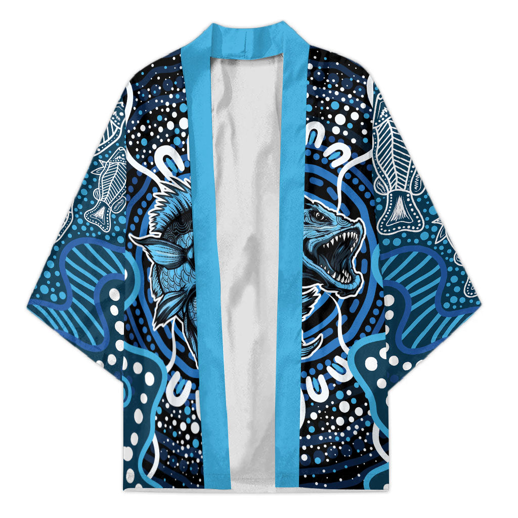 Custom Barramundi Fishing Kimono Indigenous Aboriginal Dot Art Blue Fish