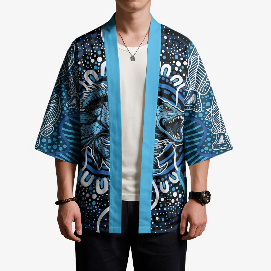 Custom Barramundi Fishing Kimono Indigenous Aboriginal Dot Art Blue Fish