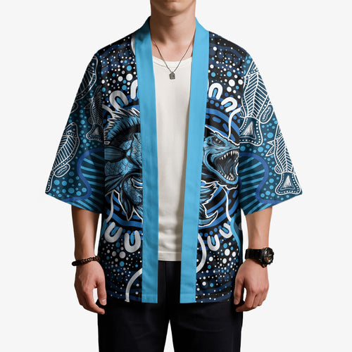 Custom Barramundi Fishing Kimono Indigenous Aboriginal Dot Art Blue Fish
