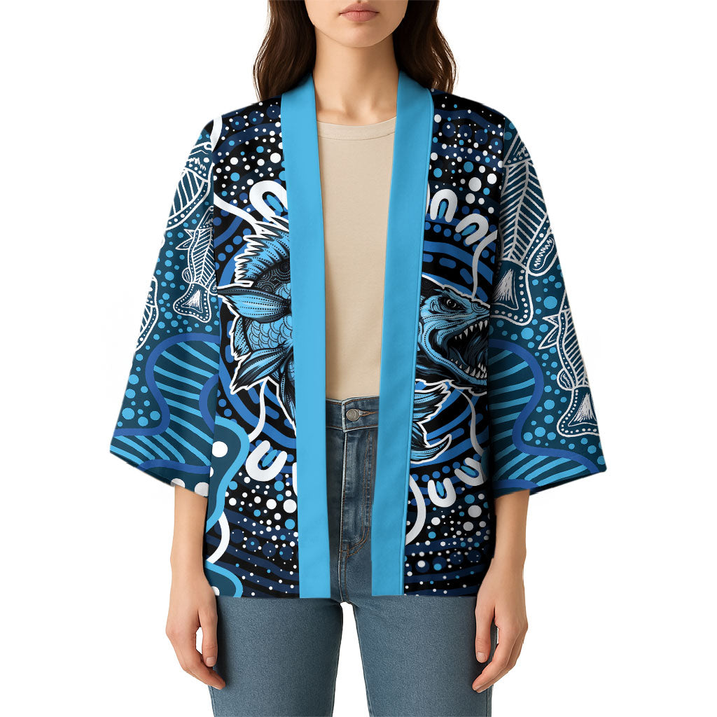 Custom Barramundi Fishing Kimono Indigenous Aboriginal Dot Art Blue Fish