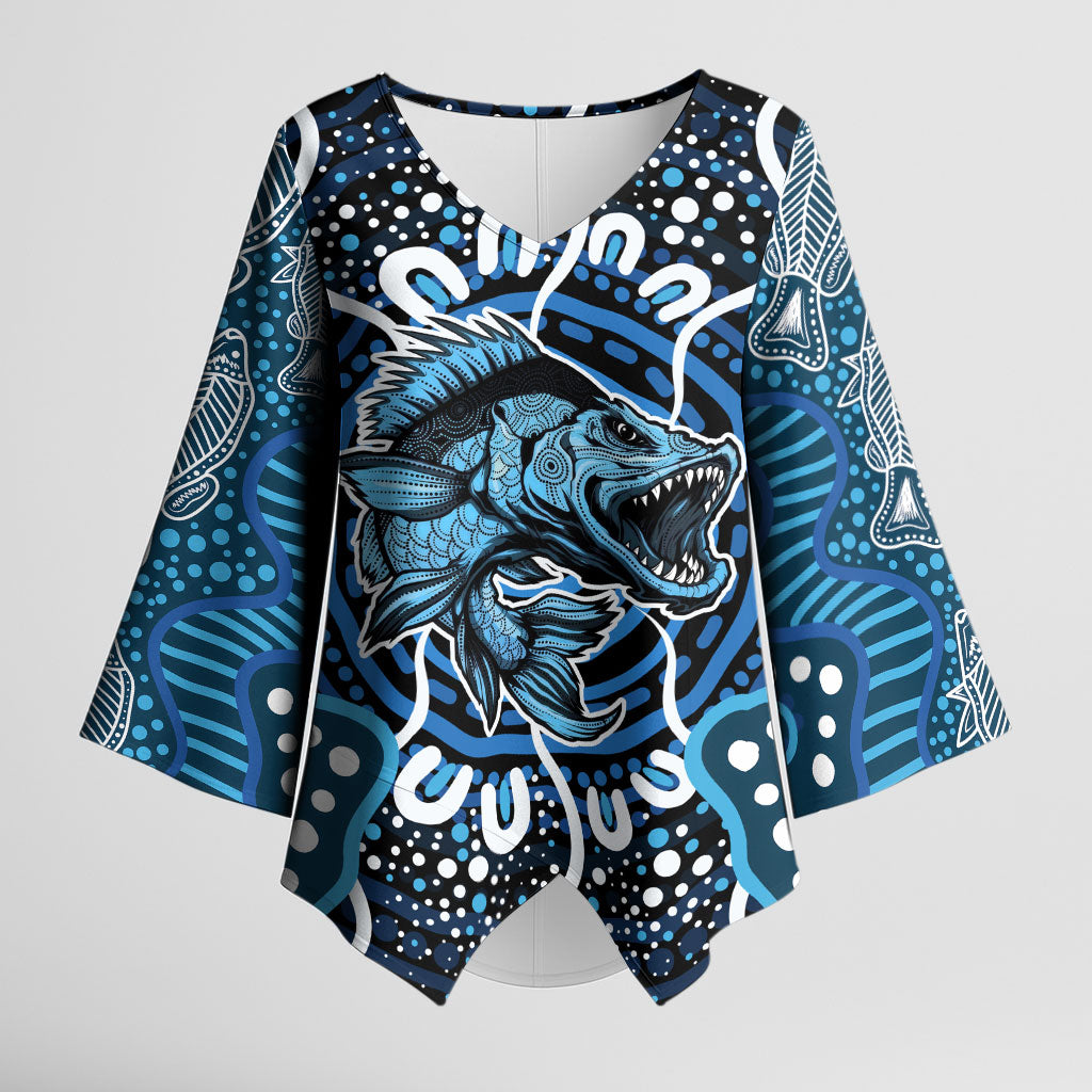 Custom Barramundi Fishing Kimono Sleeve Blouse Indigenous Aboriginal Dot Art Blue Fish