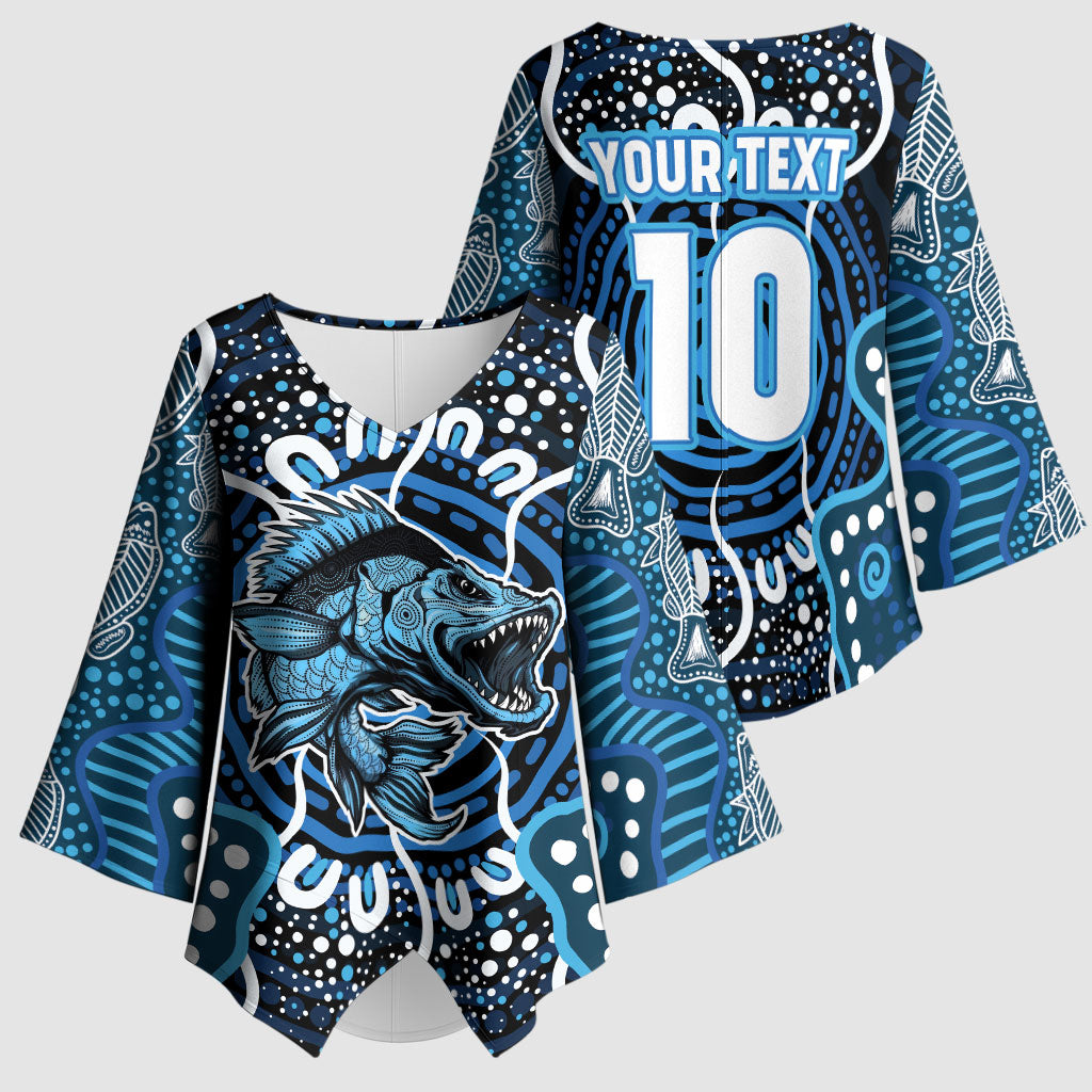 Custom Barramundi Fishing Kimono Sleeve Blouse Indigenous Aboriginal Dot Art Blue Fish