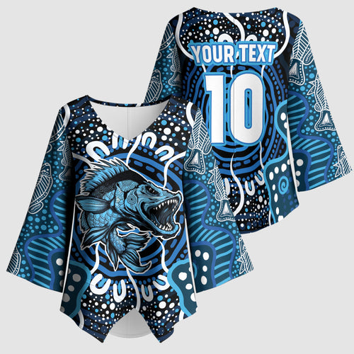 Custom Barramundi Fishing Kimono Sleeve Blouse Indigenous Aboriginal Dot Art Blue Fish