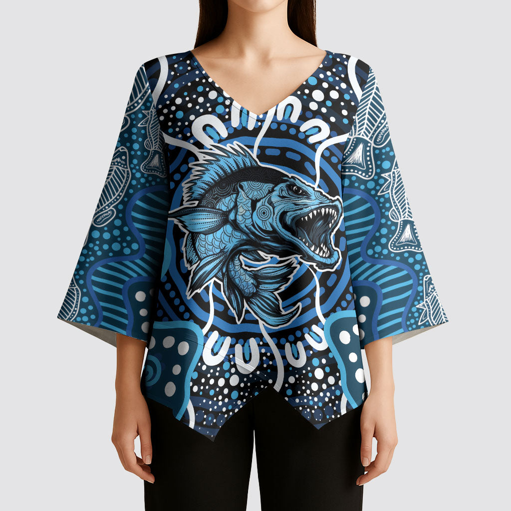 Custom Barramundi Fishing Kimono Sleeve Blouse Indigenous Aboriginal Dot Art Blue Fish