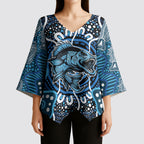 Custom Barramundi Fishing Kimono Sleeve Blouse Indigenous Aboriginal Dot Art Blue Fish