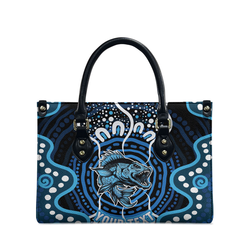Custom Barramundi Fishing Leather Bag Indigenous Aboriginal Dot Art Blue Fish