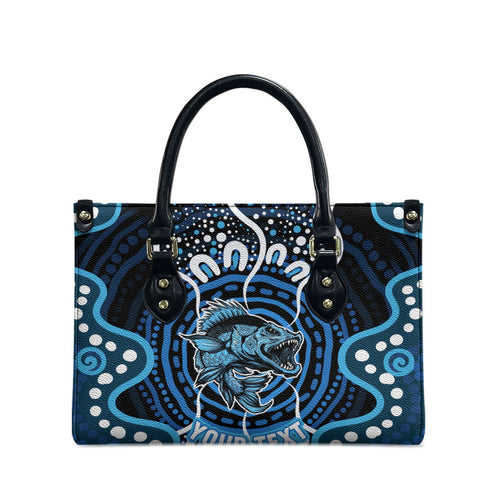 Custom Barramundi Fishing Leather Bag Indigenous Aboriginal Dot Art Blue Fish