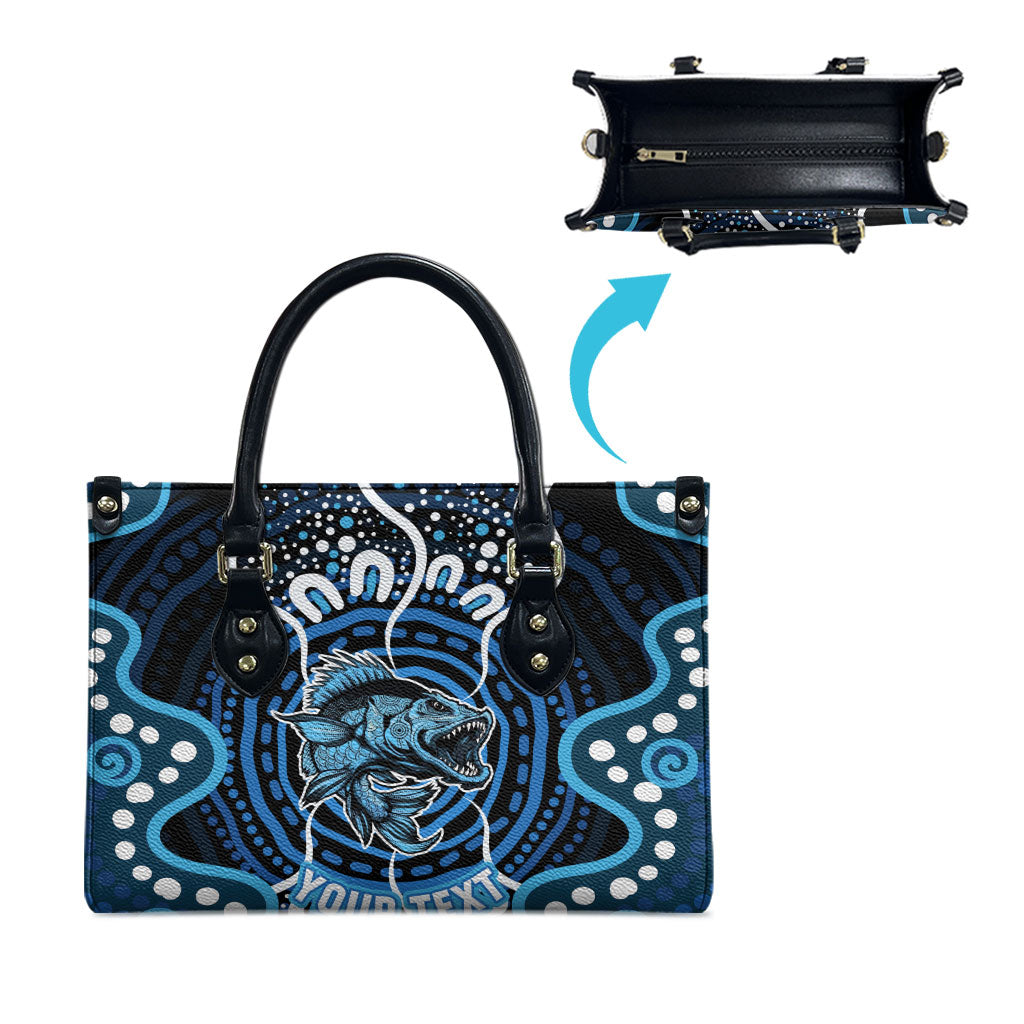 Custom Barramundi Fishing Leather Bag Indigenous Aboriginal Dot Art Blue Fish