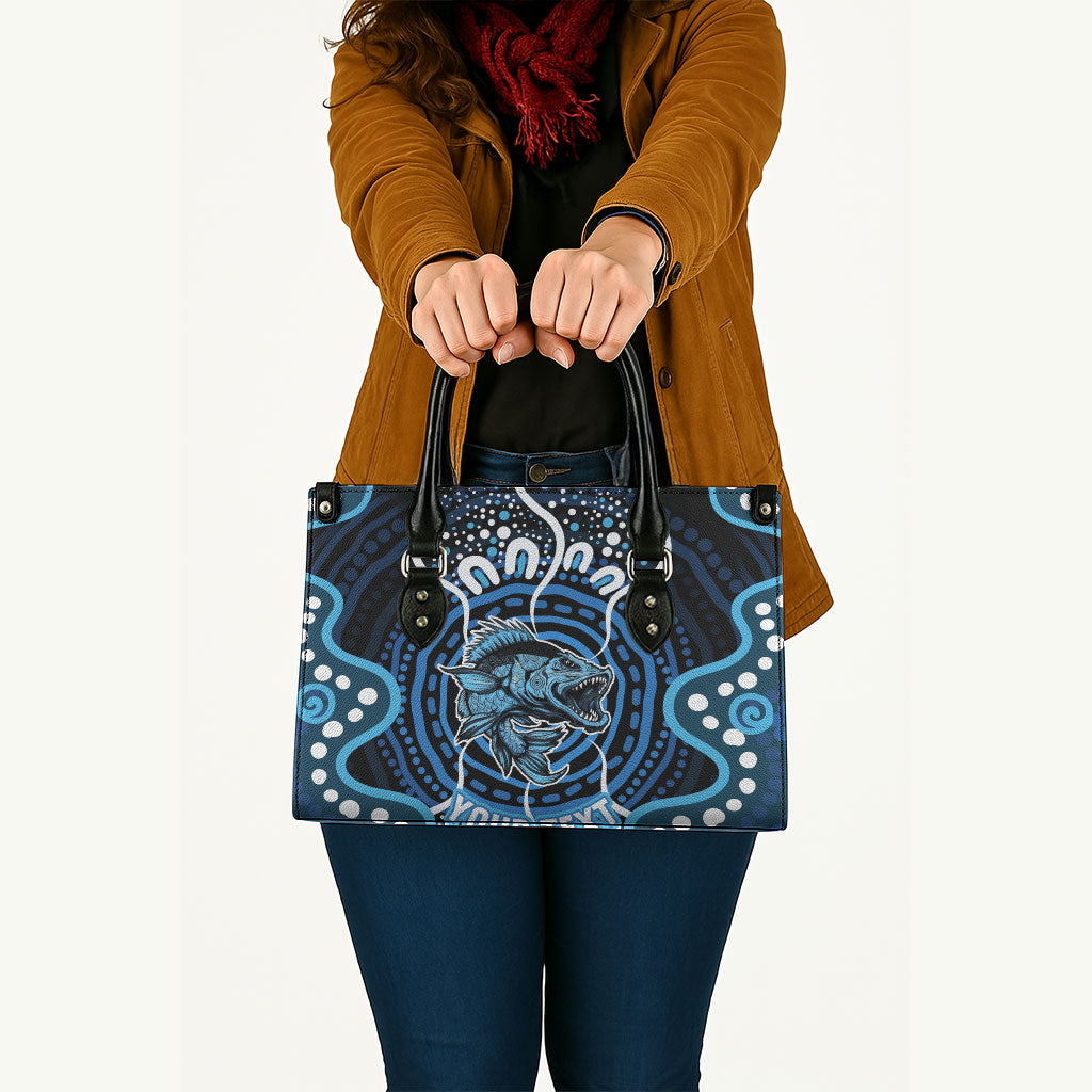 Custom Barramundi Fishing Leather Bag Indigenous Aboriginal Dot Art Blue Fish