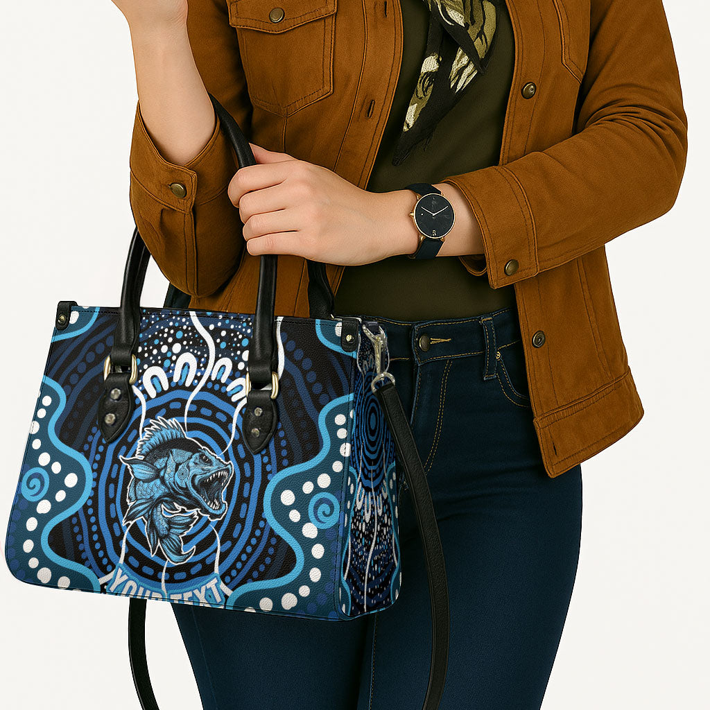 Custom Barramundi Fishing Leather Bag Indigenous Aboriginal Dot Art Blue Fish