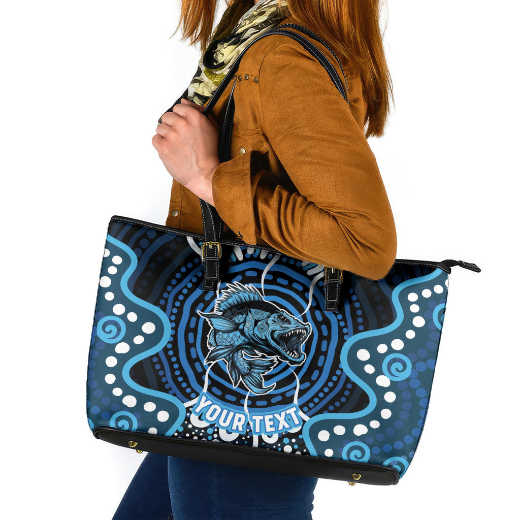 Custom Barramundi Fishing Leather Tote Bag Indigenous Aboriginal Dot Art Blue Fish
