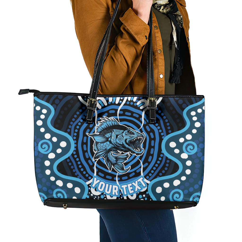 Custom Barramundi Fishing Leather Tote Bag Indigenous Aboriginal Dot Art Blue Fish