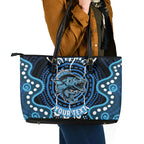 Custom Barramundi Fishing Leather Tote Bag Indigenous Aboriginal Dot Art Blue Fish