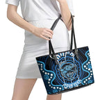 Custom Barramundi Fishing Leather Tote Bag Indigenous Aboriginal Dot Art Blue Fish
