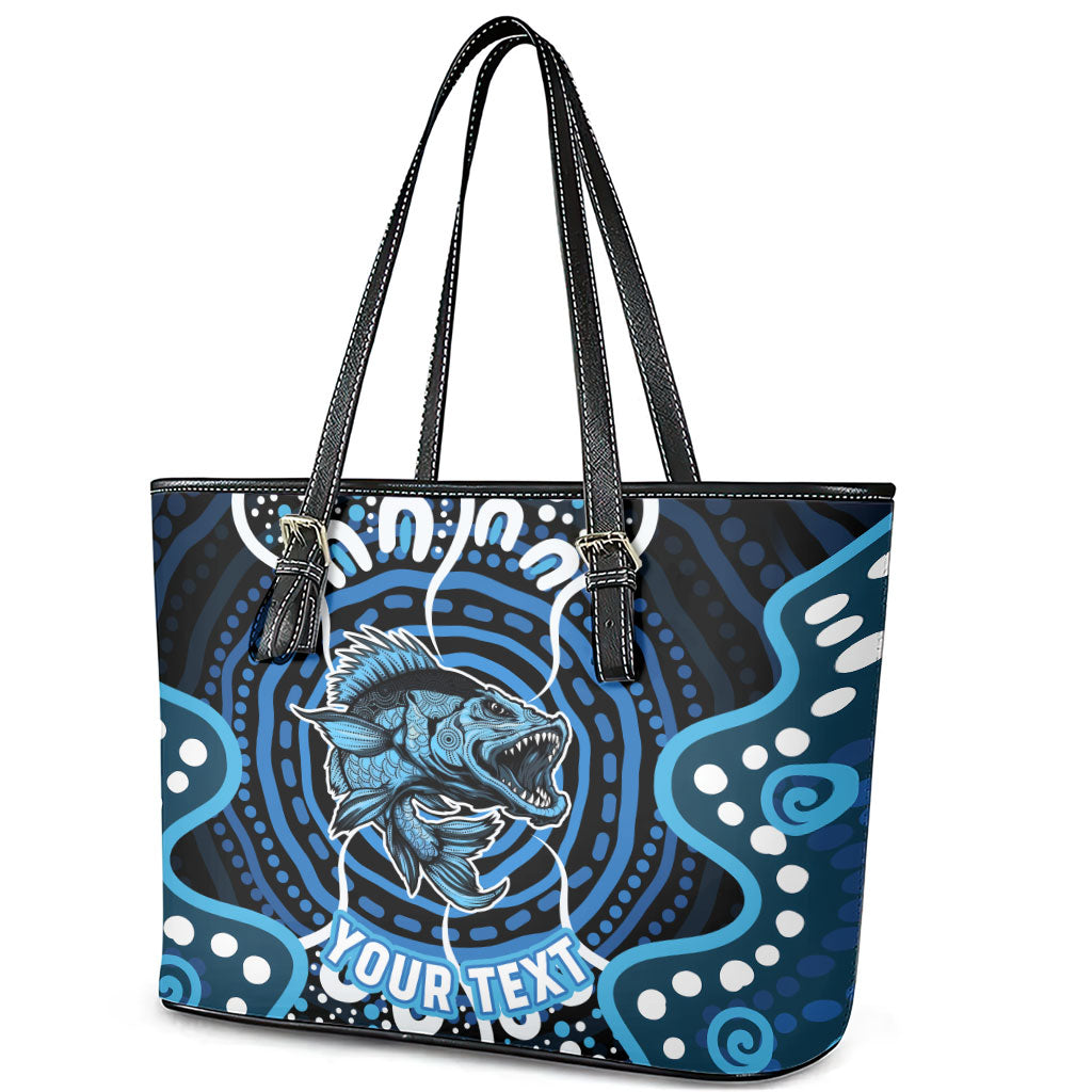 Custom Barramundi Fishing Leather Tote Bag Indigenous Aboriginal Dot Art Blue Fish