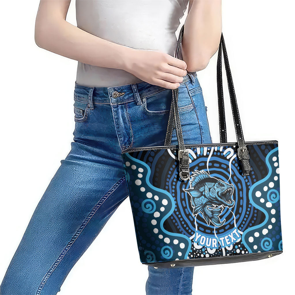 Custom Barramundi Fishing Leather Tote Bag Indigenous Aboriginal Dot Art Blue Fish