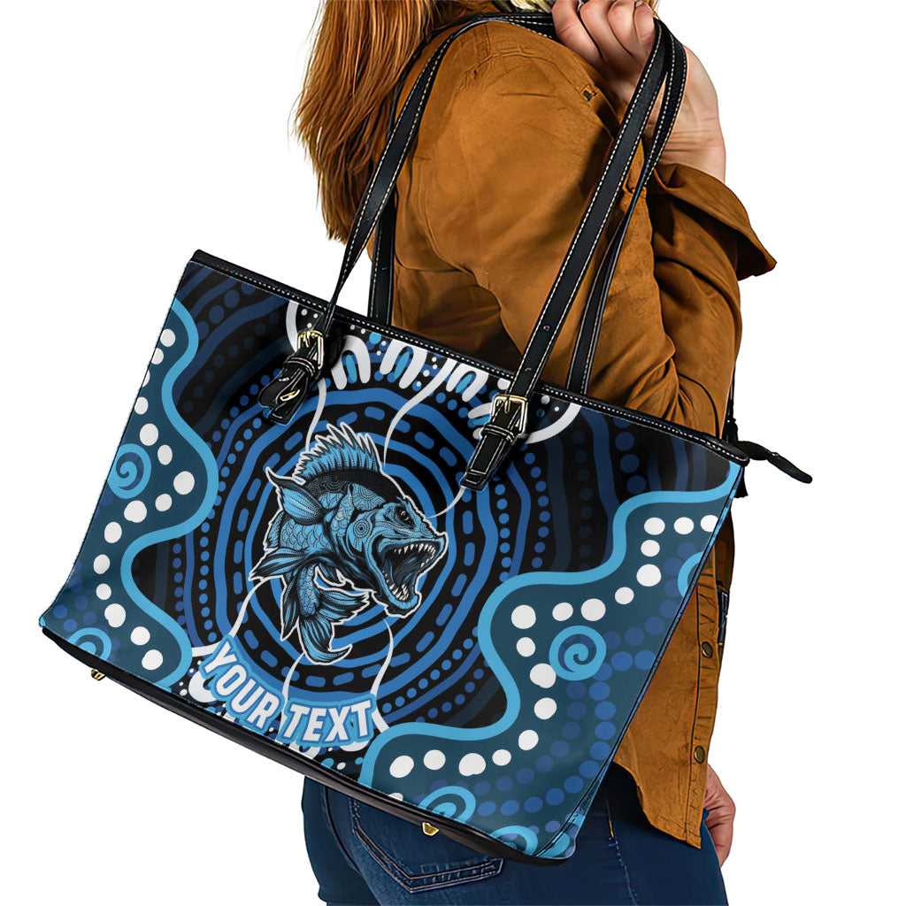 Custom Barramundi Fishing Leather Tote Bag Indigenous Aboriginal Dot Art Blue Fish