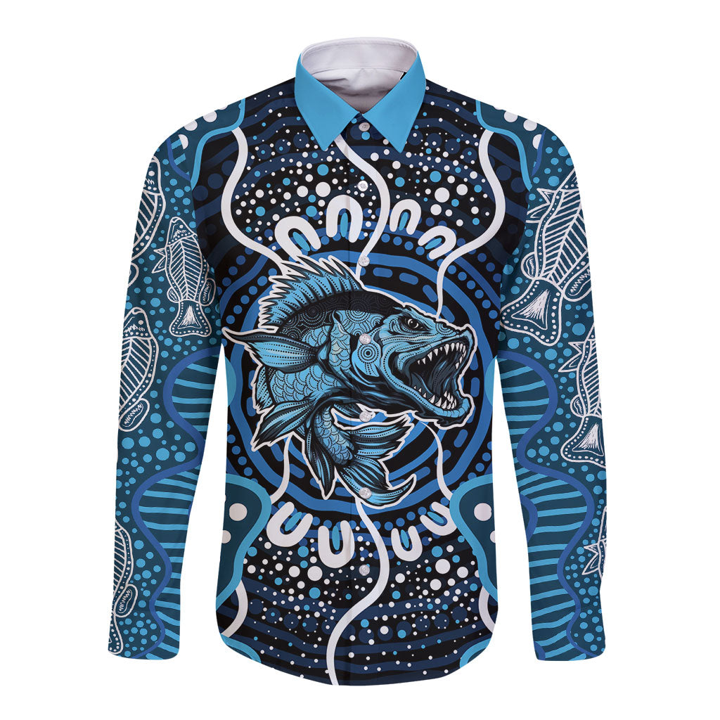 Custom Barramundi Fishing Long Sleeve Button Shirt Indigenous Aboriginal Dot Art Blue Fish