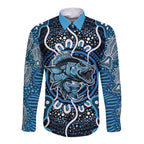 Custom Barramundi Fishing Long Sleeve Button Shirt Indigenous Aboriginal Dot Art Blue Fish
