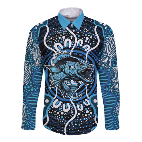 Custom Barramundi Fishing Long Sleeve Button Shirt Indigenous Aboriginal Dot Art Blue Fish