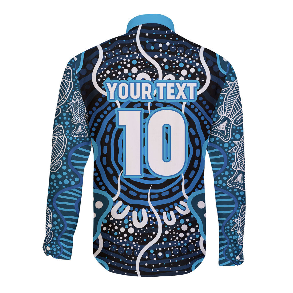 Custom Barramundi Fishing Long Sleeve Button Shirt Indigenous Aboriginal Dot Art Blue Fish