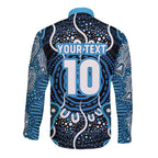 Custom Barramundi Fishing Long Sleeve Button Shirt Indigenous Aboriginal Dot Art Blue Fish