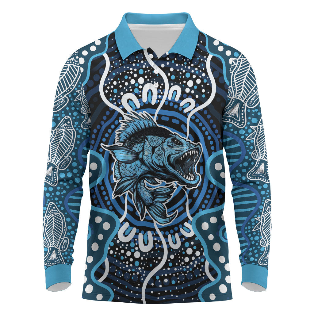 Custom Barramundi Fishing Long Sleeve Polo Shirt Indigenous Aboriginal Dot Art Blue Fish
