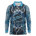 Custom Barramundi Fishing Long Sleeve Polo Shirt Indigenous Aboriginal Dot Art Blue Fish