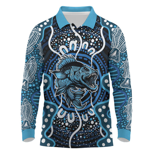 Custom Barramundi Fishing Long Sleeve Polo Shirt Indigenous Aboriginal Dot Art Blue Fish